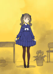 Rule 34 | 1girl, absurdres, black footwear, black pantyhose, blue dress, blush, bow, bowtie, brown eyes, chair, commentary request, dress, full body, grey hair, highres, loafers, long hair, looking at viewer, ooyari ashito, original, pantyhose, pinup (style), plant, potted plant, sailor collar, sailor dress, shoes, sketch, skirt hold, smile, solo, table, twintails, white bow, white bowtie