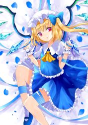Rule 34 | 1girl, :o, alternate color, ankle socks, arm ribbon, ascot, blonde hair, blue footwear, blue nails, blue ribbon, blue skirt, blue vest, flandre scarlet, frilled skirt, frilled vest, frills, hat, hat ribbon, highres, leg ribbon, looking at viewer, lying, mary janes, mob cap, nail polish, on back, petals, puffy short sleeves, puffy sleeves, red eyes, ribbon, rose petals, sakizaki saki-p, shoes, short hair, short sleeves, side ponytail, simple background, skirt, skirt set, socks, solo, thigh ribbon, touhou, vest, white background, wrist cuffs
