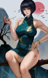 Rule 34 | bare shoulders, bracelet, breasts, china dress, chinese clothes, dress, hand on own hip, holding, holding smoking pipe, jewelry, large breasts, looking at viewer, medium breasts, medium hair, nail polish, persona, persona 5, short hair, sitting on branch, smoking pipe, takemi tae, thighs, wei (promise 0820)