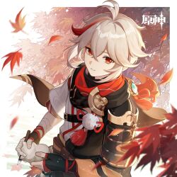 Rule 34 | 1boy, absurdres, antenna hair, armor, bandaged hand, bandages, commentary request, genshin impact, grey hair, grin, highres, holding, japanese clothes, kaedehara kazuha, kimono, looking at viewer, male focus, multicolored hair, official art, parted lips, pom pom (clothes), red eyes, red hair, short hair, shoulder armor, smile, solo, streaked hair, upper body