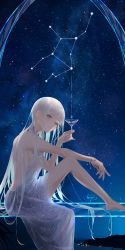 Rule 34 | 1girl, absurdres, arm rest, backless dress, backless outfit, bracelet, breasts, constellation, cup, dress, drinking glass, facing to the side, glitter, hair behind ear, highres, holding, jewelry, knee up, long hair, looking at viewer, medium breasts, night, night sky, nyaon oekaki, original, outstretched arm, sidelocks, signature, sitting, sky, smile, star (sky), star (symbol), starry sky, very long hair, virgo (constellation), water drop, white dress, white hair, wine glass