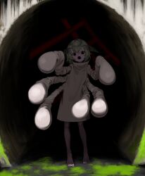 Rule 34 | 1other, barefoot, black eyes, commentary request, dress, extra arms, grey hair, hair between eyes, hands up, highres, long sleeves, looking at viewer, medium hair, moth antennae, open mouth, original, puffy long sleeves, puffy sleeves, shade, solo, straight-on, toes, tunnel, uni no