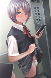 Rule 34 | 1boy, ameya, black vest, bulge, cellphone, closed mouth, clothes lift, collared shirt, elevator, grey eyes, grey hair, highres, holding, holding phone, lifted by self, light blush, light smile, looking at viewer, male focus, original, panties, phone, shirt, short hair, skirt, skirt lift, smartphone, solo focus, thighhighs, trap, underwear, vest, white panties, white shirt