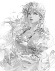 Rule 34 | 1girl, breasts, dated, dress, expressionless, eyebrows hidden by hair, greyscale, highres, jewelry, juliet sleeves, large breasts, lips, long hair, long sleeves, looking at viewer, monochrome, nose, original, puffy sleeves, realistic, signature, solo, upper body, vlfdus 0