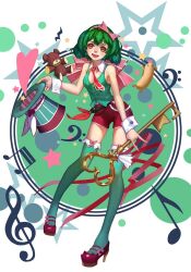 Rule 34 | 1girl, :d, bare arms, bare shoulders, bass clef, beamed sixteenth notes, belt, black belt, bow, breasts, circle, cleavage, detached collar, eighth note, foot up, full body, green headwear, green thighhighs, green vest, grey hair, hair bow, hairband, hat, unworn hat, unworn headwear, heart, hello kiki, high heels, highres, holding, holding clothes, holding hat, holding key, key, looking at viewer, macross, macross frontier, medium breasts, medium hair, musical note, necktie, open mouth, pink bow, pink hairband, quarter rest, ranka lee, red eyes, red footwear, red necktie, red shorts, short shorts, shorts, smile, solo, standing, standing on one leg, star (symbol), stuffed animal, stuffed toy, teddy bear, teeth, thighhighs, top hat, treble clef, upper teeth only, vest, wrist cuffs
