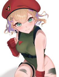 Rule 34 | 1girl, bare shoulders, beret, blonde hair, blush, breasts, cammy white, cammy white (cosplay), chest harness, clenched hand, closed mouth, commentary request, cosplay, fingerless gloves, gloves, green eyes, green leotard, hair ornament, hairclip, harness, hat, highres, kurumi noah, leg tattoo, leotard, looking at viewer, medium breasts, meisa orion, multicolored hair, purple hair, red gloves, short hair, simple background, sleeveless turtleneck leotard, smile, solo, streaked hair, street fighter, tattoo, thigh strap, underbust, virtual youtuber, vspo!, white background