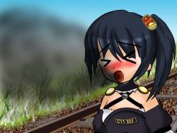 Rule 34 | &gt; &lt;, artist request, black hair, blush, closed eyes, flat chest, japan railways, personification, railroad tracks, smoke, solo, train