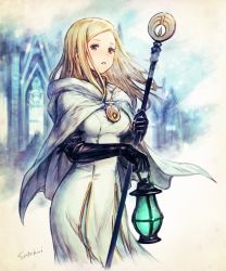 Rule 34 | 1girl, artist name, black gloves, blonde hair, breasts, brooch, brown eyes, cape, commentary request, dress, elbow gloves, floating hair, gloves, holding, holding lamp, holding staff, jewelry, long dress, looking at viewer, medium breasts, medium hair, octopath traveler, octopath traveler i, ophilia (octopath traveler), parted lips, satou kivi, solo, staff, white cape, white dress