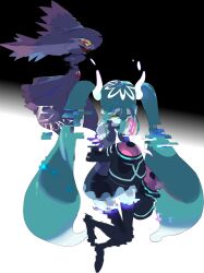 Rule 34 | 1girl, aqua hair, black thighhighs, creatures (company), detached sleeves, distortion, e volution, floating, game freak, gen 4 pokemon, ghost, ghost miku (project voltage), glitch, gradient hair, grey shirt, hair between eyes, hatsune miku, highres, long hair, mismagius, multicolored hair, necktie, nintendo, pale skin, pokemon, pokemon (creature), project voltage, see-through, see-through skirt, shirt, skirt, sleeves past fingers, sleeves past wrists, thighhighs, twintails, very long hair, vocaloid, will-o&#039;-the-wisp (mythology), yellow eyes