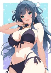 1girl absurdres ahoge amano_nene_(vtuber) arm_behind_back bare_arms bare_shoulders bead_bracelet beads bikini black_bikini blue_eyes blue_hair border bracelet breasts bubble commentary dark_blue_hair english_commentary floating_hair front-tie_bikini_top front-tie_top gradient_background hair_rings halterneck hand_up highleg highleg_bikini highres jewelry large_breasts layered_bikini light_blush long_hair looking_at_viewer navel necklace open_mouth outside_border production_kawaii rin_ateria second-party_source side-tie_bikini_bottom smile solo stomach swimsuit underboob very_long_hair virtual_youtuber white_border wing_hair_ornament