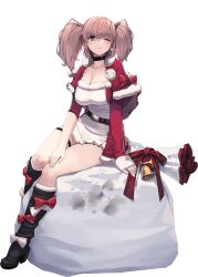 Rule 34 | 1girl, atlanta (kancolle), bell, boots, breasts, brown hair, christmas, cowboy shot, earrings, fur trim, grey eyes, hat, jewelry, kantai collection, knee boots, large breasts, long hair, long sleeves, looking at viewer, official art, one eye closed, santa costume, santa hat, shizuma yoshinori, sitting, sitting on object, solo, star (symbol), star earrings, torn clothes, two side up