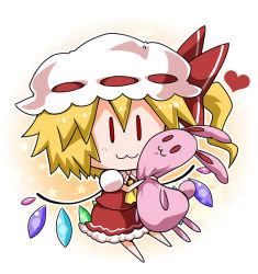 Rule 34 | 0 0, 1girl, :3, ascot, bad id, bad pixiv id, blonde hair, blush, bow, chibi, commentary request, crystal, flandre scarlet, full body, gradient background, hat, hat bow, heart, hug, hugging object, mob cap, noai nioshi, one side up, puffy short sleeves, puffy sleeves, red bow, red eyes, red skirt, red vest, ribbon trim, short hair, short sleeves, side ponytail, skirt, skirt set, solo, star (symbol), stuffed animal, stuffed rabbit, stuffed toy, touhou, two-tone background, vest, white hat, | |