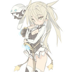 Rule 34 | 1girl, blade (galaxist), blonde hair, blue eyes, breast hold, character request, cowboy shot, cutie flower, finger to mouth, long hair, phantasy star, phantasy star online 2, pointy ears, skirt, solo, thighhighs, white background, yellow eyes