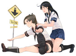 Rule 34 | 10s, 2girls, assisted stretching, ayanami (kancolle), black hair, brown eyes, brown hair, ddal, kantai collection, long hair, multiple girls, road sign, school uniform, serafuku, side ponytail, sign, signpost, simple background, smile, stretching, ushio (kancolle), white background