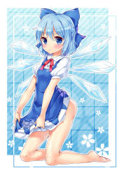Rule 34 | 1girl, barefoot, blue eyes, blue hair, blush, bow, cirno, full body, hair bow, ice, ice wings, matching hair/eyes, no panties, short hair, silveroid, skirt basket, snowflakes, solo, touhou, wings