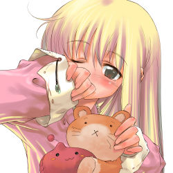 Rule 34 | 1girl, ;o, absurdres, blonde hair, blush, brown eyes, covering own mouth, eyebrows, highres, long sleeves, looking at viewer, morii shizuki, one eye closed, parted lips, ragnarok online, simple background, sleepy, solo, stuffed animal, stuffed toy, upper body, whiskers, white background