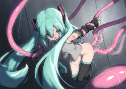 Rule 34 | 1girl, absurdres, anal, arms behind back, ass, black sleeves, black thighhighs, blush, bottomless, cum, cum in ass, cum in pussy, cum on body, detached sleeves, double penetration, empty eyes, fukutchi, green eyes, green hair, green necktie, grey shirt, hatsune miku, highres, long hair, moaning, motion blur, necktie, open mouth, cum overflow, rape, restrained, shirt, solo, tears, tentacle sex, tentacles, thigh gap, thighhighs, thighs, twintails, vaginal, very long hair, vocaloid