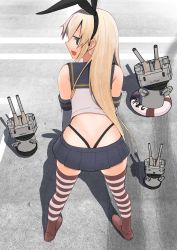 Rule 34 | 10s, 1girl, anchor hair ornament, bare shoulders, black panties, blonde hair, commentary request, crop top, detached sleeves, elbow gloves, from above, gloves, grey eyes, hair ornament, hairband, highleg, highleg panties, highres, kantai collection, leaning forward, long hair, looking at viewer, masukuza j, miniskirt, open mouth, panties, pleated skirt, rensouhou-chan, sailor collar, school uniform, serafuku, shimakaze (kancolle), skirt, solo, striped clothes, striped thighhighs, thighhighs, thighs, thong, underwear, white gloves