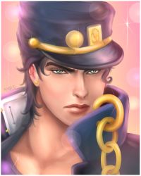 Rule 34 | 1boy, absurdres, artist name, autumn willey, bad id, bad pixiv id, black hair, border, chain, earrings, gradient background, green eyes, hat, highres, jewelry, jojo no kimyou na bouken, kuujou joutarou, lens flare, looking at viewer, male focus, portrait, solo, sparkle