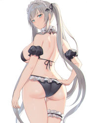 Rule 34 | 1girl, alexmaster, ass, back, bare shoulders, bikini, black bikini, blue eyes, blush, breasts, bridal garter, butt crack, grey hair, hand on own hip, large breasts, long hair, looking at viewer, looking back, maid, maid bikini, maid headdress, original, solo, swimsuit, thigh grab, thighs, twintails, unconventional maid