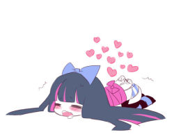 Rule 34 | 10s, 1girl, bdsm, blush, bondage, bound, bow, drooling, hair bow, heart, lying, multicolored hair, on stomach, panties, panty &amp; stocking with garterbelt, solo, stocking (psg), striped clothes, striped thighhighs, thighhighs, two-tone hair, underwear