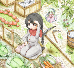 Rule 34 | 2girls, ahoge, black hair, blue eyes, braid, bucket, bucket of water, cabbage, capelet, carrot, commentary request, covering own mouth, day, dress, fairy, fairy wings, flower, flying, food, from above, garden, gardening, grass, green hair, grey dress, hair flower, hair ornament, hand on own forehead, hat, hat basket, highres, leaf, long sleeves, looking to the side, multiple girls, mushroom, open mouth, outdoors, pink dress, potato, red capelet, red eyes, seiza, sitting, sweat, tools, touhou, trash bag, twin braids, unworn hat, unworn headwear, vegetable, wings, wooden box, yatadera narumi, ys (ytoskyoku-57)