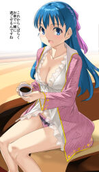 Rule 34 | 1girl, blue eyes, blue hair, bow, breasts, cleavage, collarbone, cup, dragon quest, dragon quest v, flora (dq5), holding, holding cup, imaichi, long hair, looking at viewer, medium breasts, nightgown, open mouth, panties, pink bow, pink panties, smile, solo, underwear