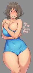 Rule 34 | 1girl, 2020, agawa ryou, arm under breasts, artist name, blue dress, blush, breasts, brown eyes, brown hair, bursting breasts, cleft of venus, dated, dress, embarrassed, grey background, large breasts, numbered, original, pussy, signature, simple background, solo, sweat, sweatdrop, tan, thick thighs, thighs, tight clothes, tight dress