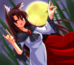 Rule 34 | 1girl, :3, animal ears, bamboo, bamboo forest, blush, breasts, brown hair, collarbone, dress, forest, fox shadow puppet, full moon, imaizumi kagerou, jewelry, long hair, long sleeves, looking at viewer, misoshiru (meridianchild312), moon, nature, night, open mouth, red eyes, solo, touhou, wolf ears