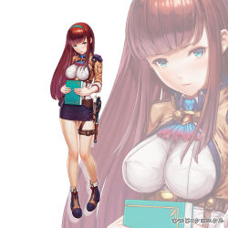 Rule 34 | 1girl, brown hair, green eyes, highres, hitsuji chronicle, holster, long hair, mana (remana), miniskirt, official art, original, simple background, skirt, solo, standing, thigh holster, weapon, zoom layer