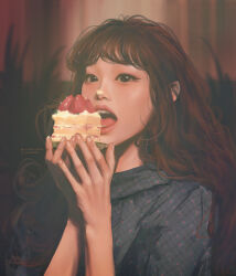 Rule 34 | 1girl, black eyes, brown hair, cake, chuu (loona), commentary, cream, cream on face, english commentary, eyeshadow, food, food on face, grey shirt, highres, holding, holding cake, holding food, instagram logo, instagram username, long hair, looking at viewer, loona (group), makeup, open mouth, pink eyeshadow, plaid, plaid shirt, portrait, real life, realistic, shirt, solo, strawberry shortcake, templurum, twitter logo, twitter username