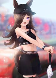 Rule 34 | 1girl, absurdres, alternate costume, animal ears, bare shoulders, baseball cap, black hat, black shirt, black skirt, black thighhighs, blurry, blurry background, blush, breasts, cowboy shot, crop top, ears through headwear, hair over one eye, hat, highres, horse ears, horse girl, horse tail, lens flare, looking at viewer, midriff, navel, open mouth, peteron, purple eyes, race queen, rice shower (umamusume), shirt, skirt, sleeveless, sleeveless shirt, small breasts, smile, solo, sparkle, standing, tail, thighhighs, twitter username, umamusume, umbrella, watch, wristwatch