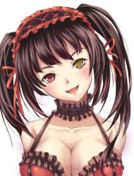 Rule 34 | 10s, 1girl, blush, breasts, brown hair, cleavage, collar, collarbone, date a live, frills, heterochromia, large breasts, lolita fashion, open mouth, red eyes, ryo (sora-ryu), short hair, solo, tokisaki kurumi, twintails, white background, yellow eyes