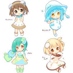 Rule 34 | 4girls, :d, aikei ake, bare arms, bare shoulders, blonde hair, blue hair, blue sailor collar, blush, boots, brown eyes, brown footwear, brown hair, chibi, closed mouth, collared dress, commentary request, cup, dress, green footwear, green hair, hair between eyes, hair ornament, hand up, hat, head tilt, highres, holding, holding cup, instrument, long hair, looking at viewer, multicolored clothes, multicolored dress, multiple girls, one side up, open mouth, original, personification, puffy short sleeves, puffy sleeves, puzzle piece, sailor collar, sailor dress, saucer, shoe soles, shoes, short sleeves, simple background, sitting, sleeveless, sleeveless dress, smile, sparkle, standing, standing on one leg, tambourine, teacup, translation request, water, white background, white dress, white footwear, white headwear, yellow eyes