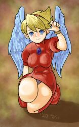 Rule 34 | 1girl, angel wings, blonde hair, blue eyes, boots, bracelet, breasts, breath of fire, breath of fire iii, closed mouth, dated, dress, earrings, feathered wings, full body, hairband, jewelry, knee boots, looking at viewer, nina (breath of fire iii), panties, puffy sleeves, short hair, sicky (pit-bull), smile, solo, underwear, upskirt, white panties, white wings, wings