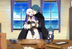 Rule 34 | 1boy, 2girls, apron, baby, baking, bowl, byleth (fire emblem), byleth (male) (fire emblem), child, closed eyes, commission, cookie, cooking, couple, dannex009, family, father and daughter, finger in own mouth, fire emblem, fire emblem: three houses, food, green hair, happy, hetero, highres, hug, hug from behind, husband and wife, if they mated, lysithea von ordelia, md5 mismatch, mother and daughter, multiple girls, nintendo, ocean, pastry, pastry bag, resolution mismatch, source smaller, white hair, window
