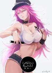 Rule 34 | 1girl, bare shoulders, belt, black choker, blue hat, bracelet, breasts, capcom, censored, chain, choker, cleavage, denim, denim shorts, final fight, futanari, gradient background, grey background, hair between eyes, hat, holding, holding weapon, jewelry, large breasts, locon, long hair, navel, newhalf, parted lips, pink hair, poison (final fight), purple eyes, riding crop, shiny skin, short shorts, shorts, smile, solo, street fighter, tank top, twitter username, very long hair, weapon