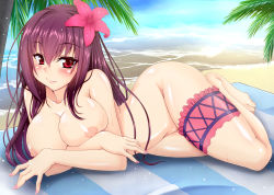 Rule 34 | 1girl, bad anatomy, beach, blush, breasts, day, fate/grand order, fate (series), flower, gekato, hair flower, hair ornament, highres, large breasts, long hair, lying, maroon hair, nail polish, nipples, nude, on side, outdoors, palm tree, red eyes, scathach (fate), scathach (fate), scathach (swimsuit assassin) (fate), solo, thigh strap, tree, water