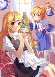 Rule 34 | 2girls, absurdres, alice margatroid, apron, bad id, bad pixiv id, bed, blonde hair, blue eyes, blush, bow, chair, clothes, curtains, etm (ahong), floating, flying, grin, hair bow, hairband, hand on own hip, heart, heart hands, highres, indoors, kirisame marisa, leaning back, leaning forward, levitation, long hair, looking at viewer, multiple girls, no headwear, on bed, out of frame, pantyhose, peeking out, plant, potted plant, shanghai doll, shelf, short hair, short sleeves, sitting, skirt, skirt set, smile, touhou, waist apron, white legwear, window
