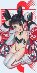 Rule 34 | 1girl, 2023, absurdres, bikini, black choker, black gloves, black hair, blue eyes, chinese zodiac, choker, clothes writing, commentary, english commentary, flat chest, gloves, happy new year, highleg, highleg bikini, highres, jacket, looking at viewer, new year, open clothes, open jacket, open mouth, original, popolocroits, shirt, shoes, sneakers, solo, swimsuit, thighhighs, white shirt, white thighhighs, year of the rabbit