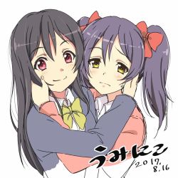 Rule 34 | 10s, 2017, 2girls, alternate hairstyle, black hair, blue hair, bow, cardigan, commentary request, cosplay, costume switch, dated, hair between eyes, hair bow, hairstyle switch, hand on another&#039;s cheek, hand on another&#039;s face, kanbe piroshiki, long hair, looking at viewer, love live!, love live! school idol project, multiple girls, open mouth, otonokizaka school uniform, red eyes, school uniform, smile, sonoda umi, twintails, yazawa nico, yellow eyes