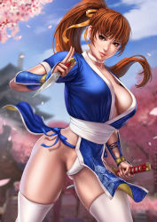 Rule 34 | 1girl, artist name, blue sky, blurry, blurry background, bow, branch, breasts, brown eyes, brown hair, cherry blossoms, choker, cleavage, closed mouth, cloud, cloudy sky, collarbone, commentary, dandon fuga, day, dead or alive, female focus, hair ribbon, highres, holding, holding weapon, kasumi (doa), kodachi, kunai, lips, long hair, matching hair/eyes, medium breasts, ninja, outdoors, panties, pelvic curtain, petals, ponytail, reverse grip, ribbon, short sleeves, short sword, simple background, skindentation, sky, smile, solo, standing, sword, thighhighs, thighs, tree, underwear, weapon, white choker, white panties, white thighhighs, yellow ribbon