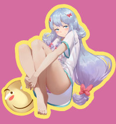 Rule 34 | 10s, 1girl, aqua eyes, bare legs, barefoot, blush, blush stickers, bow, closed mouth, eromanga sensei, feet, hair bow, half-closed eyes, highres, izumi sagiri, legs, long hair, looking at viewer, no pants, panties, pink background, pink bow, shirt, short sleeves, silver hair, simple background, sitting, smile, smiley face, solo, striped clothes, striped panties, sunligh mao, t-shirt, underwear, very long hair
