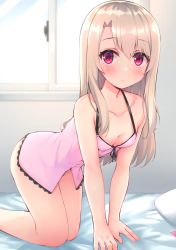 Rule 34 | 1girl, absurdres, all fours, artist request, bad id, bad pixiv id, bare shoulders, blurry, blush, bottomless, breasts, camisole, cleavage, collarbone, day, depth of field, fate/kaleid liner prisma illya, fate (series), hair between eyes, highres, illyasviel von einzbern, indoors, long hair, looking at viewer, nightgown, on bed, pink camisole, pink nightgown, red eyes, small breasts, solo, thighs, white hair