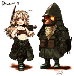 Rule 34 | 2girls, :d, abs, armor, bare shoulders, black bra, blonde hair, blush, boots, bra, breasts, canteen, clothes around waist, dated, dwarf, gas mask, gloves, green footwear, green gloves, green jacket, green pants, hand on own hip, height, helmet, highres, holding, jacket, jacket around waist, kotoba noriaki, long hair, looking at viewer, low twintails, mask, multiple girls, navel, open mouth, original, pants, pickaxe, pointy ears, red eyes, scar, scarf, signature, simple background, slit pupils, small breasts, smile, twintails, underwear, venus symbol, white background, white scarf
