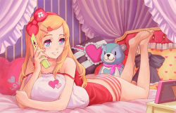 Rule 34 | 1girl, bad id, bad pixiv id, bare shoulders, barefoot, bear, bed, blonde hair, blue eyes, blush, bow, camisole, canopy bed, cellphone, cellphone charm, charm (object), eyelashes, feet, feet up, fingernails, flip phone, frilled pillow, frills, full body, grin, hair bow, hair ornament, hairclip, harupy, heart, heart-shaped pupils, heart hair ornament, holding, holding phone, indoors, lingerie, long fingernails, long hair, looking away, looking to the side, lying, nail polish, off shoulder, on bed, on stomach, original, panties, phone, picture frame, pillow, pink nails, ribbon, smile, solo, strap slip, striped clothes, striped panties, stuffed animal, stuffed toy, swept bangs, symbol-shaped pupils, tank top, teddy bear, the pose, underwear, wallpaper (object)