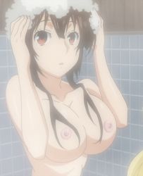 Rule 34 | 1girl, animated, animated gif, bath, breasts, brown hair, cleavage, indoors, large breasts, musubi, nipples, nude, sekirei, soap, solo, upper body
