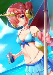 Rule 34 | 1girl, bandaged arm, bandages, beach, bikini, blue bikini, blue eyes, blue sky, breasts, cleavage, closed mouth, cloud, commentary request, cup, day, double bun, fate/apocrypha, fate/grand order, fate (series), frankenstein&#039;s monster (fate), frankenstein&#039;s monster (swimsuit saber) (second ascension) (fate), hair bun, hair ornament, hair over one eye, headgear, holding, holding cup, horns, looking at viewer, medium breasts, navel, ocean, outdoors, parasol, pink hair, short hair, single horn, sky, smile, solo, standing, straw, swimsuit, umbrella, wet, yuuzuki (re&#039;ef)