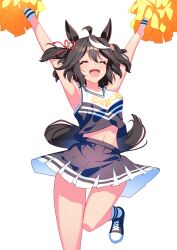 Rule 34 | 1girl, absurdres, animal ears, armpits, arms up, black hair, black skirt, bob cut, cheerleader, closed eyes, clothes writing, commentary request, feet out of frame, highres, holding, holding pom poms, horse ears, horse girl, horse tail, kitasan black (umamusume), midriff peek, multicolored hair, multicolored shirt, navel, open mouth, pom pom (cheerleading), pom poms, short hair, simple background, skirt, smile, solo, standing, standing on one leg, streaked hair, sunny (20597521), tail, two side up, umamusume, white background, white hair