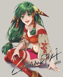 Rule 34 | 1girl, copyright name, feena (grandia), grandia, grandia i, green eyes, grey background, hair ornament, hair tubes, jewelry, long hair, looking at viewer, miniskirt, necklace, open mouth, red thighhighs, simple background, sitting, skirt, smile, solo, teeth, thighhighs, torn clothes, torn thighhighs